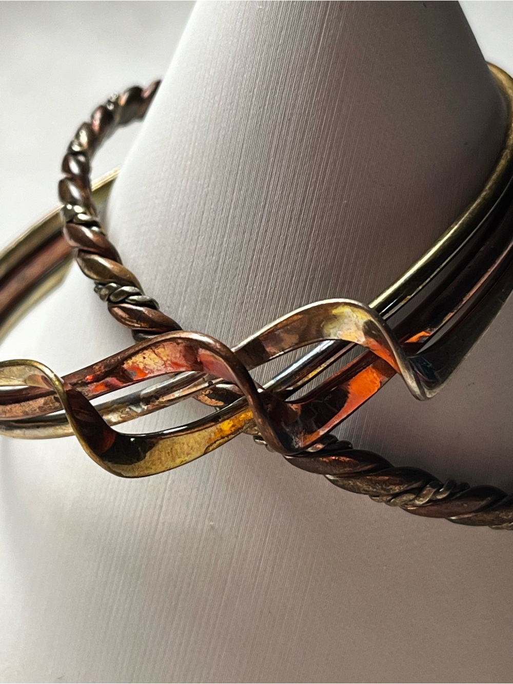 Vtg Signed Mixed Metal Twisted Bangle Bracelets - Silver, Gold, Copper